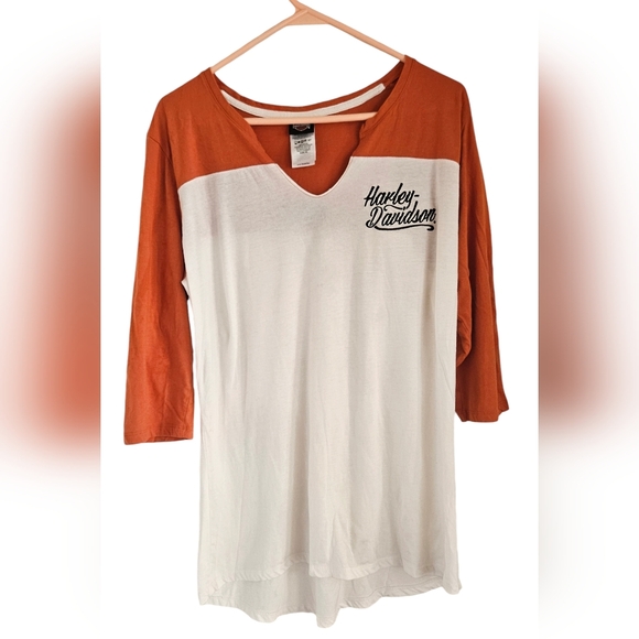 Womens Motor Harley-Davidson Cycles Orange, White T Shirt 3/4 Sleeve Size XL - Picture 1 of 3